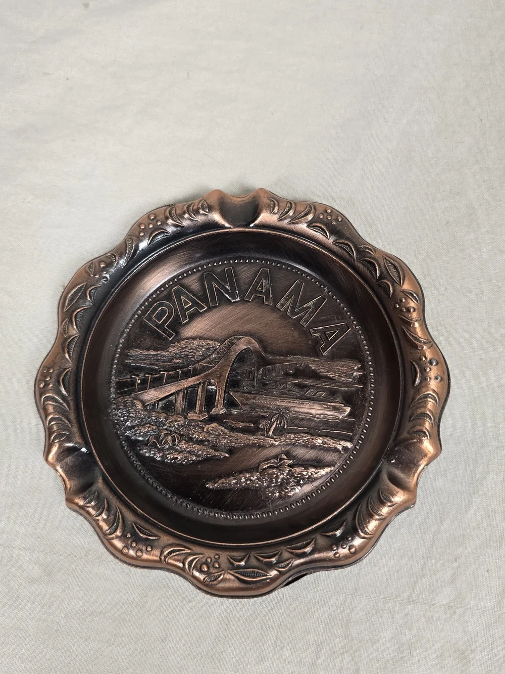 Vintage Panama Souvenir Ashtray Copper Tone Mid Century Canal Bridge Ship